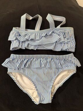 Mini Boden Blue and White Striped Ruffle Two-Piece Swim Set